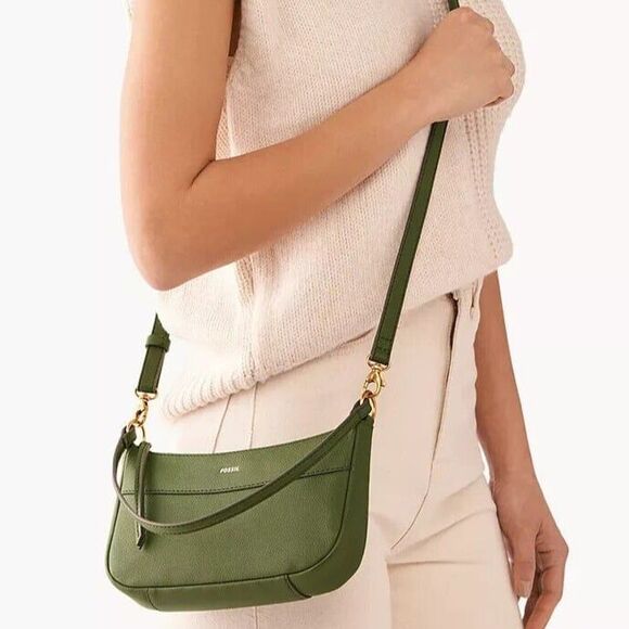 New Fossil Skylar Baguette Crossbody bag Leather Green Moss - Picture 3 of 5